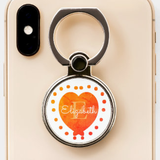 Custom Chic Initial Monogram Orange White Heart Phone Ring Stand