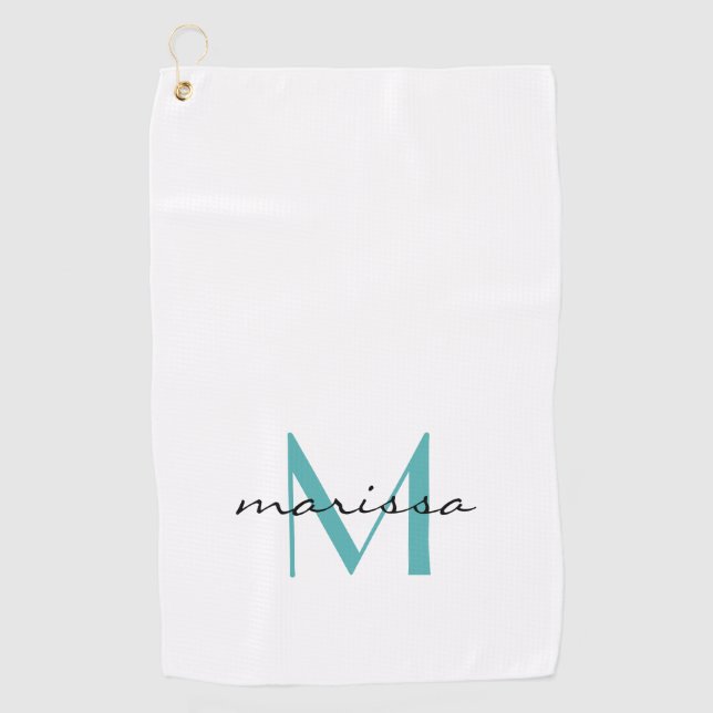 Custom Chic Ladies Teal Name Monogram Golf Towel (Front)