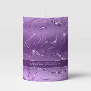 Custom Chic Luxury Purple Silver Glitter Pattern Pillar Candle