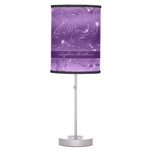 Custom Chic Luxury Purple Silver Glitter Pattern Table Lamp (Front)