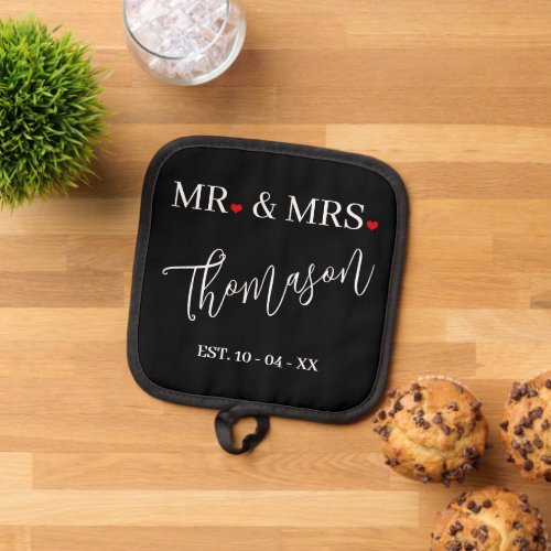 Custom Chic Mr And Mrs Last Name And Hearts Pot Holder