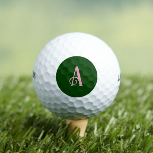 Custom Chic Pink Monogram Initial Dark Green Golf Balls