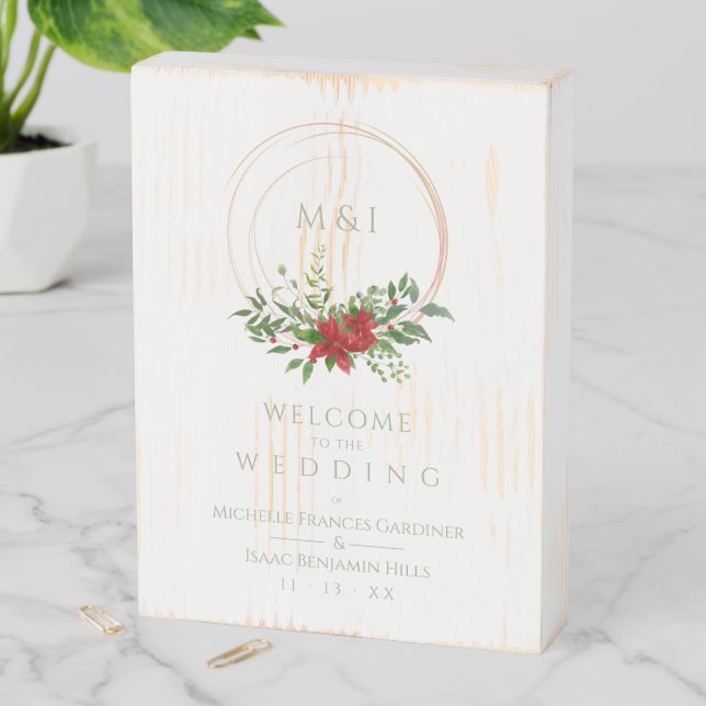 Custom Chic Poinsettia Christmas Wedding Welcome Wooden Box Sign (In Situ Vertical)