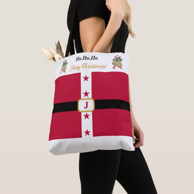Custom Chic Red White Santa Claus Outfit Christmas Tote Bag (Close Up)