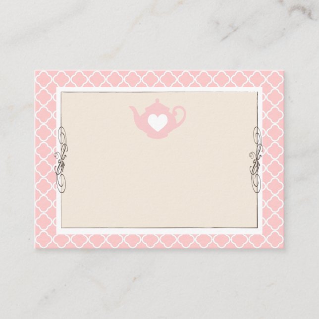 Custom Chic Tan & Pink Teapot Name Place Card (Front)