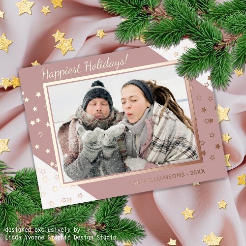 Custom Chic Twinkling Stars Pattern Rose Gold Foil Holiday Postcard