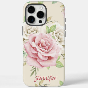 Custom Chic White Pink Roses Green Leaves Floral  iPhone 16 Pro Max Case