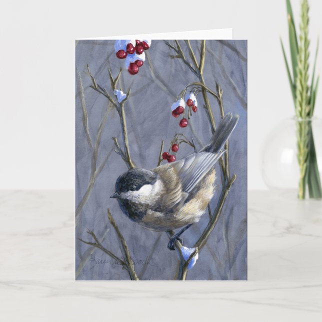 Custom Chickadee & Berries - Winter Snow Christmas Holiday Card (Front)