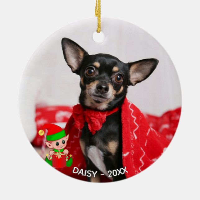 Custom Chihuahua Dog Photo with Cute Elf Ceramic Ornament (Back)