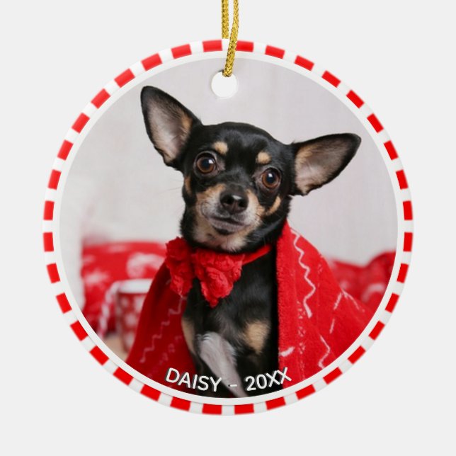 Custom Chihuahua Dog Photo with Red & White Frame Ceramic Ornament (Front)