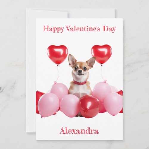 Custom Chihuahua Pink Red Balloons Valentine Holiday Card