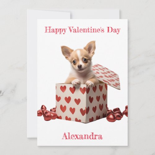 Custom Chihuahua Pup Red Hearts on Box Valentine Holiday Card