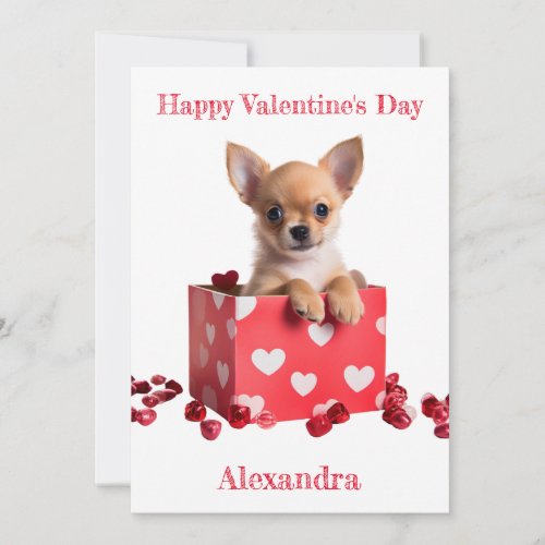 Custom Chihuahua Pup White Hearts on Box Valentine Holiday Card