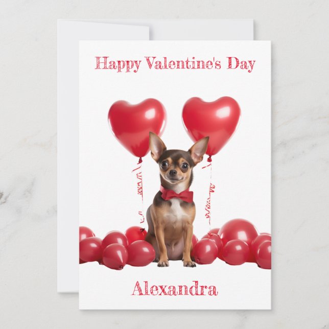Custom Chihuahua Red Heart Balloons Valentine Holiday Card (Front)