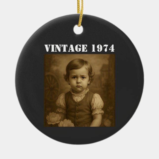 Custom Childhood Photo & Year Vintage Personalized Ceramic Ornament (Front)