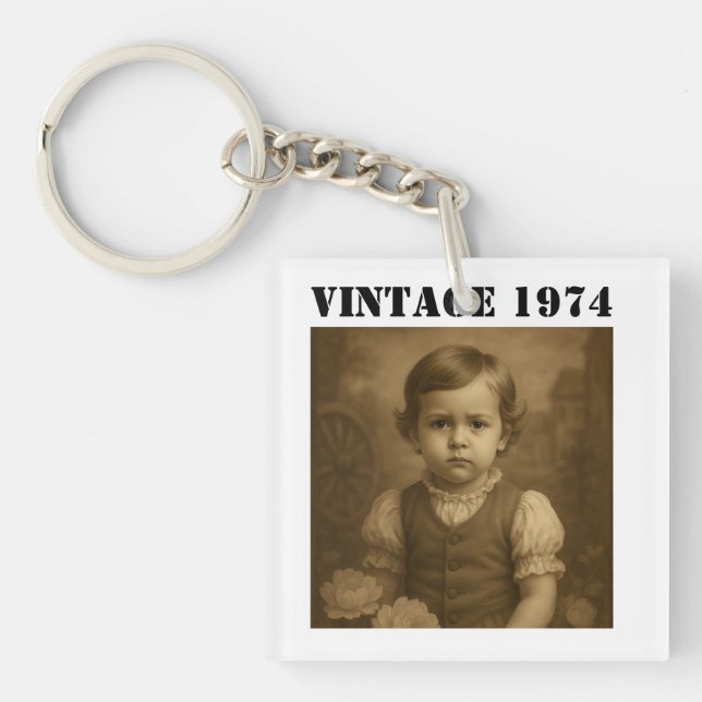 Custom Childhood Photo & Year Vintage Personalized Keychain (Front)