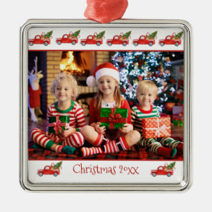 Custom Children's Photo Red Truck Christmas Metal Ornament