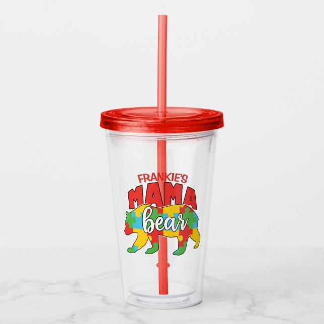 Custom Childs NAME Mama Bear Autism Awareness Mom Acrylic Tumbler (Front)