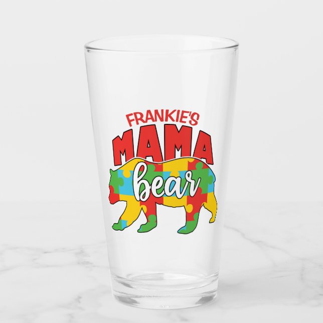 Custom Childs NAME Mama Bear Autism Awareness Mom Glass (Front)