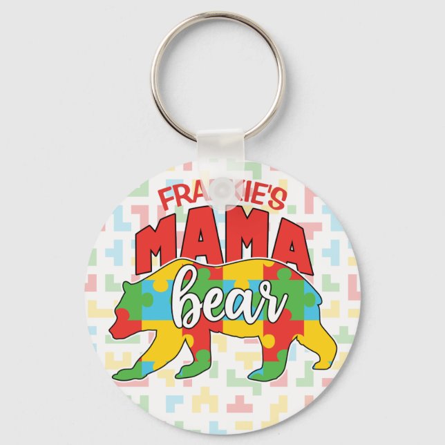 Custom Childs NAME Mama Bear Autism Awareness Mom Keychain (Front)