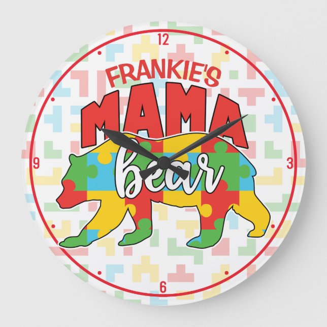 Custom Childs NAME Mama Bear Autism Awareness Mom Large Clock (Front)