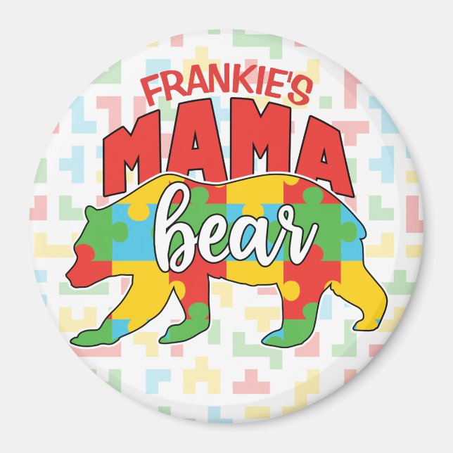 Custom Childs NAME Mama Bear Autism Awareness Mom Magnet (Front)