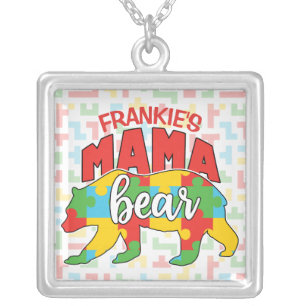 Custom Childs NAME Mama Bear Autism Awareness Mom Silver Plated Necklace