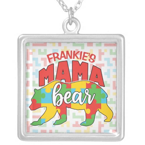 Custom Childs NAME Mama Bear Autism Awareness Mom Silver Plated Necklace