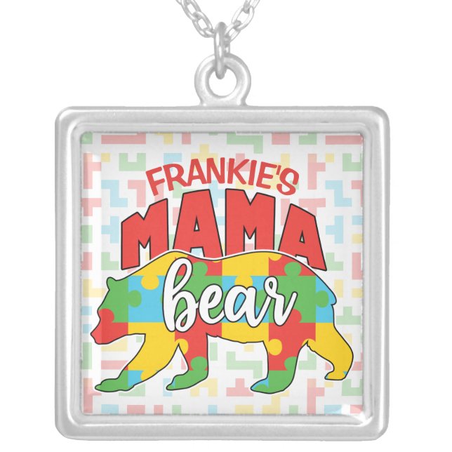 Custom Childs NAME Mama Bear Autism Awareness Mom Silver Plated Necklace (Front)