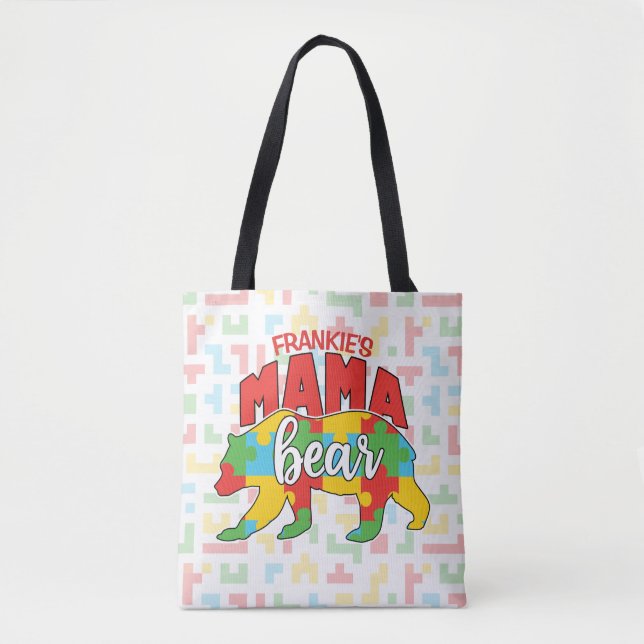 Custom Childs NAME Mama Bear Autism Awareness Mom Tote Bag (Front)