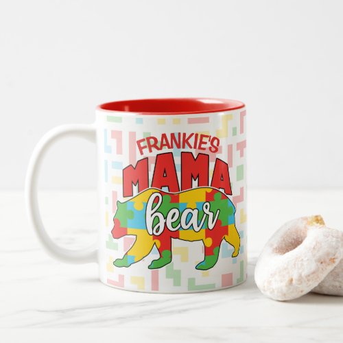 Custom Childs NAME Mama Bear Autism Awareness Mom Two_Tone Coffee Mug