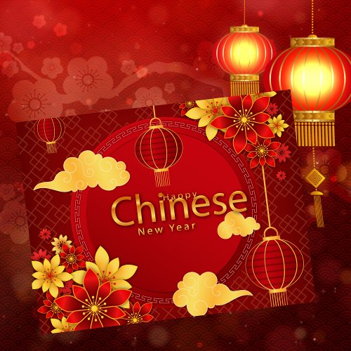 Custom Chinese New Year Gold Red Floral Postcard