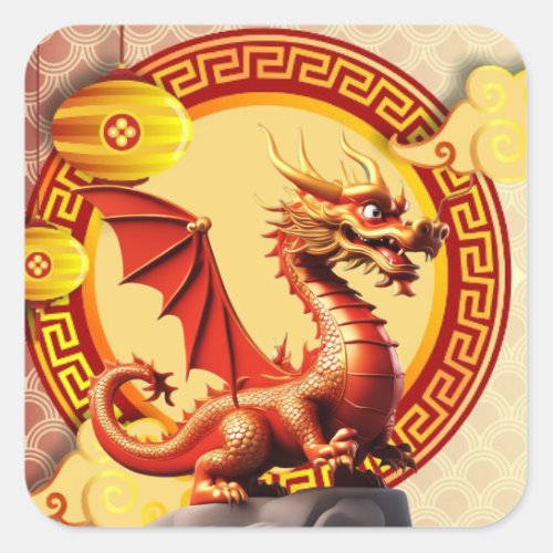 Custom Chinese New Year of Dragon Gold Cloud Red  Square Sticker
