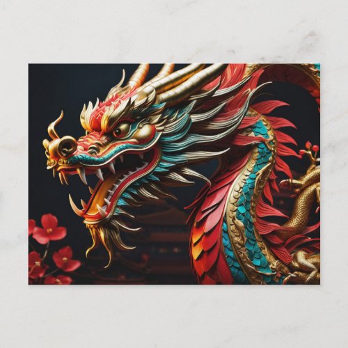Custom Chinese New Year of Dragon Red Flowers Holiday Postcard