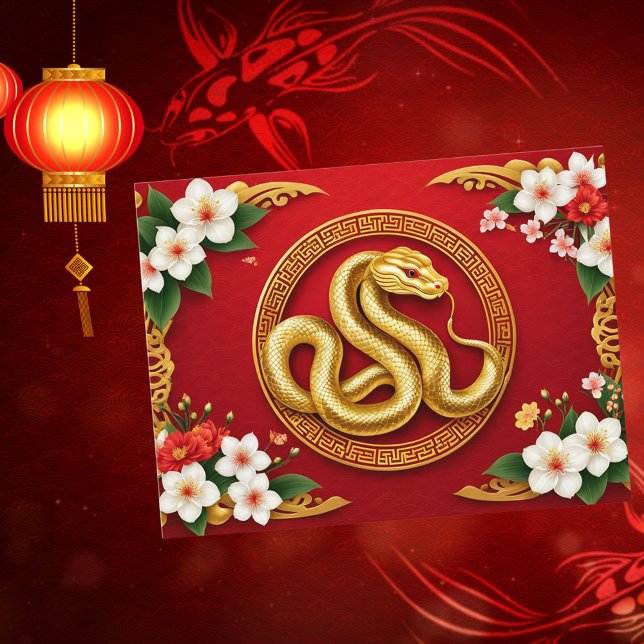 Custom Chinese New Year of Snake Floral Gold Red Holiday Card (Creator Uploaded)