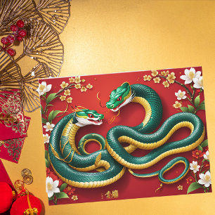 Custom Chinese New Year of Snake Red Gold Floral Holiday Card