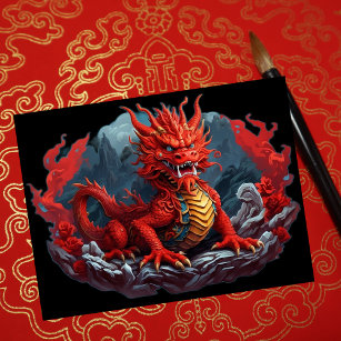 Custom Chinese New Year Red and Gold Dragon Floral Holiday Postcard