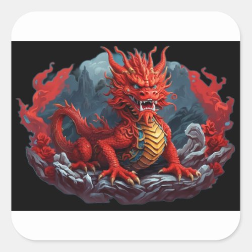 Custom Chinese New Year Red and Gold Dragon Floral Square Sticker