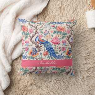 Custom Chinoiserie Asian Floral Landscape Peacock Throw Pillow