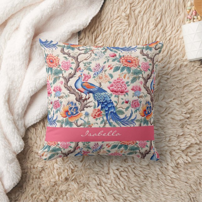 Custom Chinoiserie Asian Floral Landscape Peacock  Throw Pillow (Blanket)