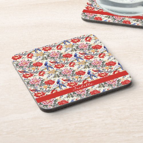 Custom Chinoiserie Asian Floral Pink Blue Red Bird Beverage Coaster