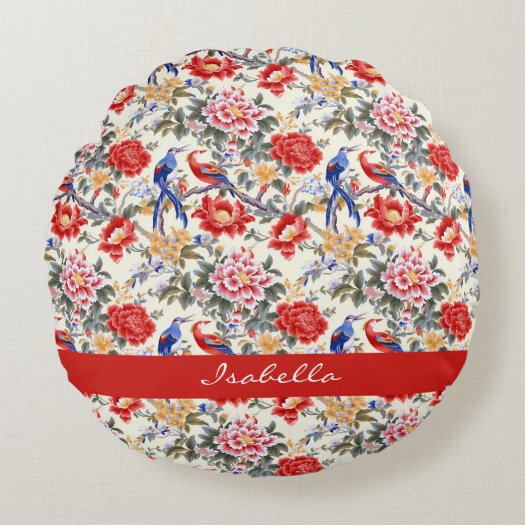 Custom Chinoiserie Asian Floral Pink Blue Red Bird