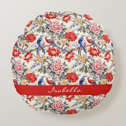 Custom Chinoiserie Asian Floral Pink Blue Red Bird Round Pillow