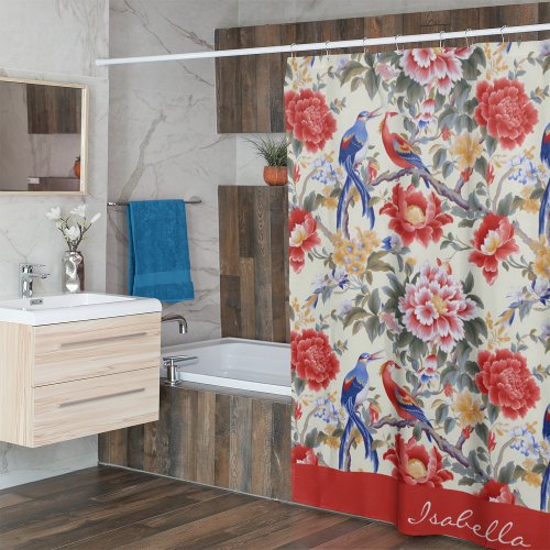 Custom Chinoiserie Asian Floral Pink Blue Red Bird Shower Curtain