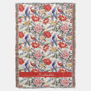 Custom Chinoiserie Asian Floral Pink Blue Red Bird Throw Blanket