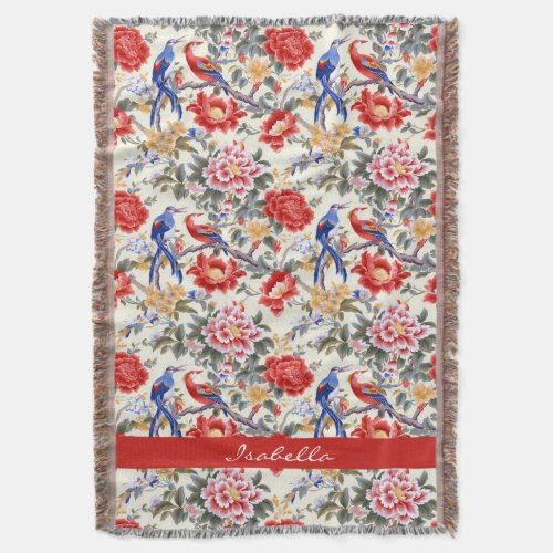 Custom Chinoiserie Asian Floral Pink Blue Red Bird Throw Blanket