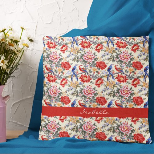 Custom Chinoiserie Asian Floral Pink Blue Red Bird Throw Pillow