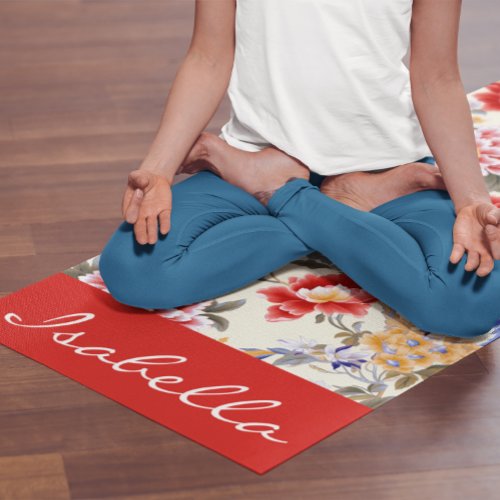 Custom Chinoiserie Asian Floral Pink Blue Red Bird Yoga Mat