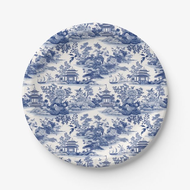 Custom Chinoiserie Pattern Pagoda Blue Paper Plates (Front)