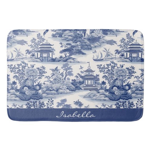 Custom Chinoiserie Pattern Pagoda Blue White Bath Mat